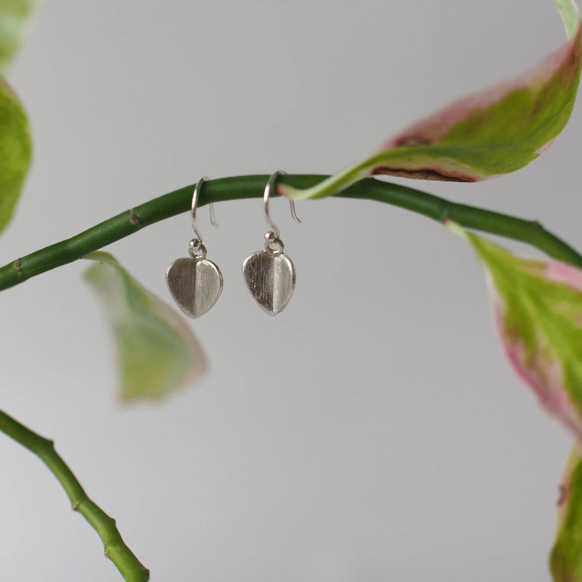 HEART LEAF Handmade Silver Hook Earrings